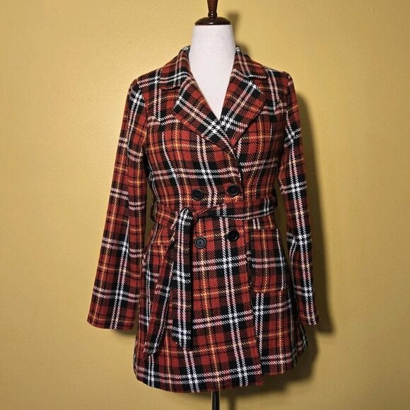 Forever 21 Wool Blend Plaid Button Up Pea Coat Large Red Black White Gold NWT - Picture 1 of 8